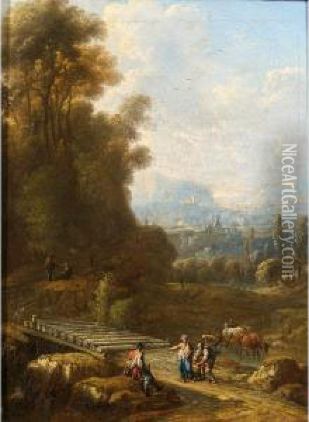 An Italianate Landscape With Herdsmen And Cattle Near A Bridge To The Foreground Oil Painting - Johann Alexander Thiele