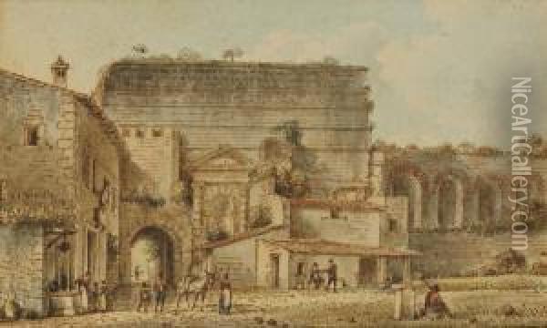 La Porte Majeure A Rome; Et Temple De Minerva Medica A Rome Oil Painting - Victor-Jean Nicolle