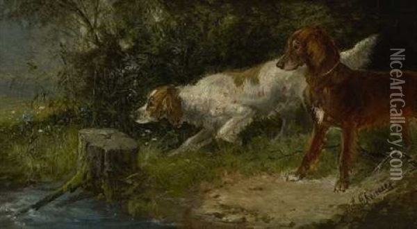Jagdhunde Am Wasser (+ Jagdhunde Verbellt Rehbock; 2 Works) Oil Painting - Julius Scheuerer