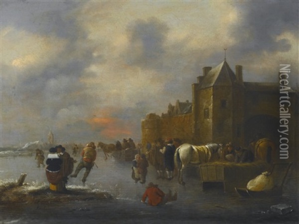 Winter Landscape With Skaters On A River Near A Walled Town Oil Painting - Nicolaes Molenaer