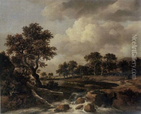 A Wooded River Landscape With A Shepherd, His Family And Flock Oil Painting - Jacob Van Ruisdael