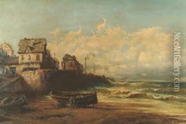 French Fishing Village With 
Half-timbered Dwellings, A Fisherman Tending His Boat In The Lee Of The 
Sea Wall, As A Storm Gathers Out To Sea Oil Painting - Alfred Godchaux
