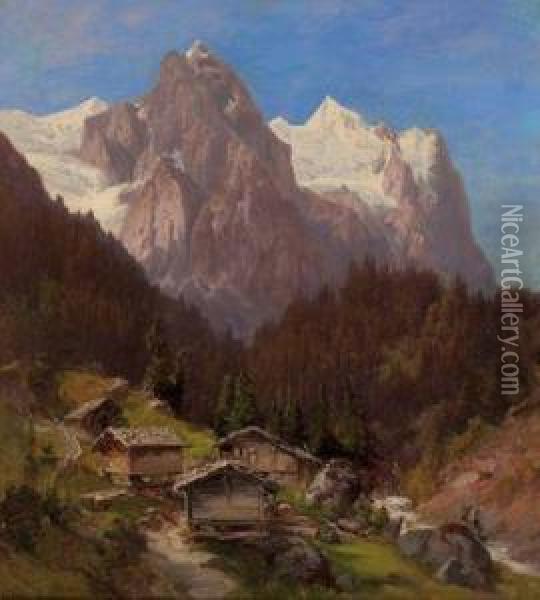 Almhutten Amwildbach Mit Vell- Und Wetterhorn - Schweiz Oil Painting - Anton Hansch