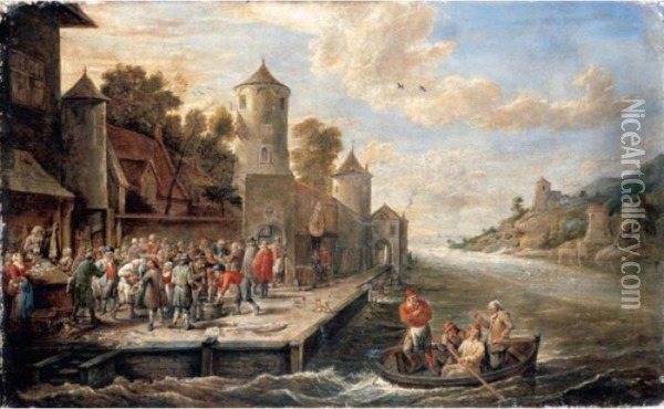 A Coastal Landscape With A 
Crowded Fish Market, Figures In A Rowing Boat In The Lower Right 
Foreground Oil Painting - David The Younger Teniers