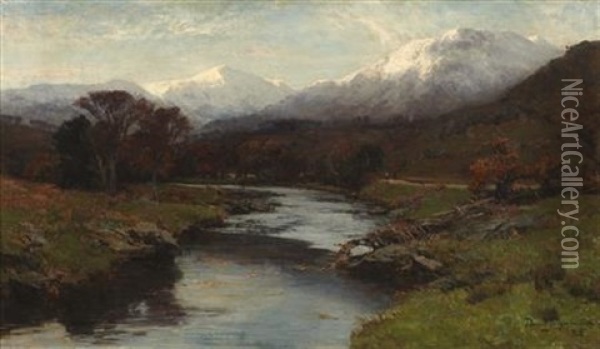 A River Landscape With Distant Snowy Peaks Oil Painting - David Farquharson