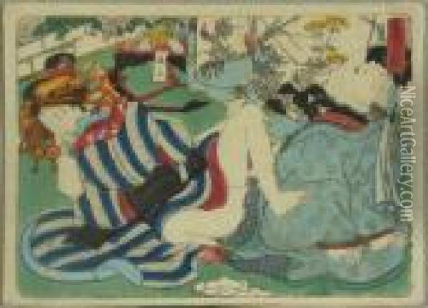 Kunisada, Utagawa Zugeschrieben. Kurtisane Und Klient, Japan, Um 1845 Oil Painting - Kunisada