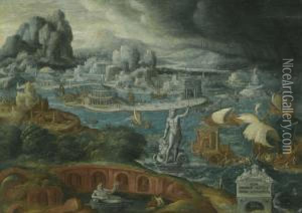 Classical Landscape With Ships Running Before A Storm Towards A Classical Harbour, Probably Corinth Oil Painting - Maerten van Heemskerck