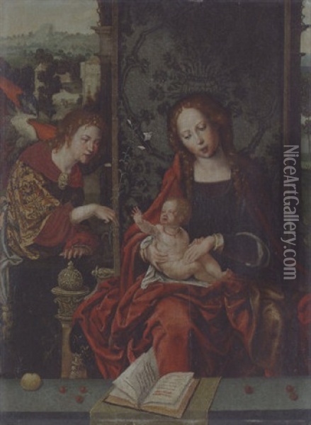 The Virgin And Child Enthroned, With The Angel Gabriel Proffering A Lily Oil Painting - Pieter Coecke van Aelst the Elder