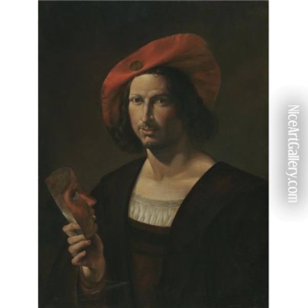 Portrait Of A Young Man Wearing A Wide-brimmed Red Hat And Holding A Mask Oil Painting - Pietro Paolini