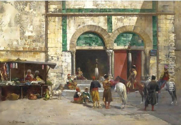 Outside The Mosque Oil Painting - Victor Pierre Huguet