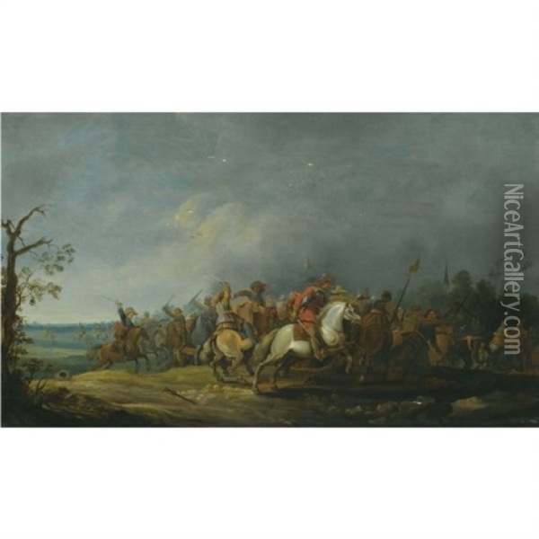 Landscape With A Cavalry Skirmish Oil Painting - Pieter Meulener