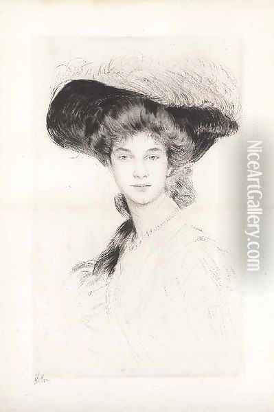 Femme au Chapeau et Collier de Perles Oil Painting - Paul Cesar Helleu