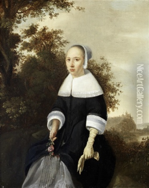 Portrait Of A Young Lady, Three-quarter-length, Holding A Rose, Standing Before An Open Landscape Oil Painting - Godaert Kamper