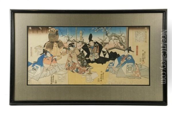 Interior With Tea Ceremony For Samurai And His Family Oil Painting - Utagawa Kunisada