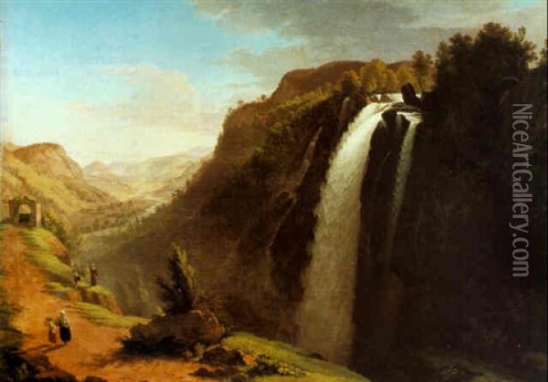 An Alpine Waterfall (lauterbrunnen?) Oil Painting - Johann Jakob Biedermann