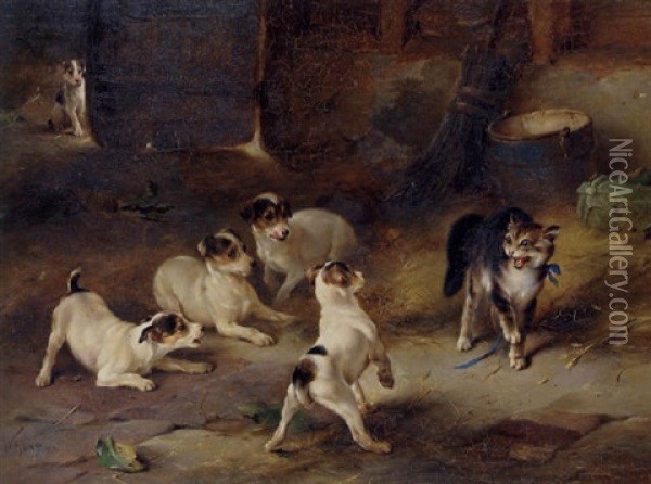 Pups At Bay Oil Painting - Walter Hunt