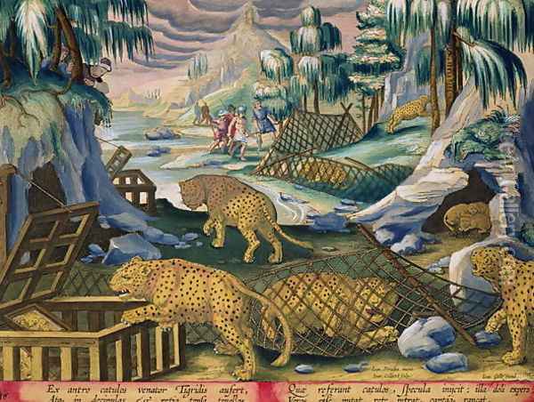 Capturing Leopards with the Help of Nets and Cages Baited with Mirrors, plate 15 from Venationes Ferarum, Avium, Piscium Of Hunting Wild Beasts, Birds, Fish engraved by Jan Collaert 1566-1628 published by Phillipus Gallaeus of Amsterdam Oil Painting - Giovanni Stradano