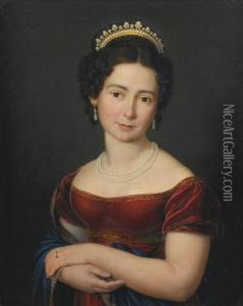 Portrait Of Marie Luise Victoire Prinzessin Von Sachsen-coburg-saalfeld, Later Of Leiningen And Then Duchess Of Kent, Half-length, In A Red Dress With A Blue Shawl, With A Pearl Necklace And A Tiara Oil Painting - Franz Joseph Zoll