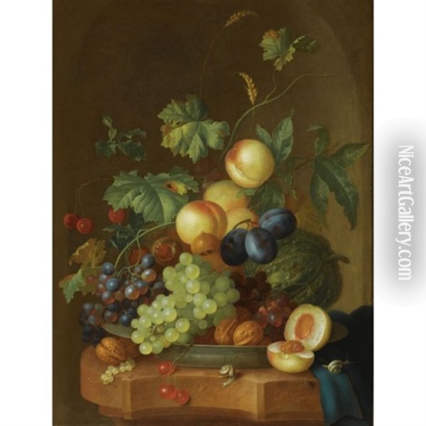 A Still Life With Peaches, Grapes, Plums, A Melon, Cherries, Walnuts, Chestnuts On A Wan-li Porcelain Plate, Together With Two Snails On A Marble Ledge, Draped With A Blue Cloth Oil Painting - Johannes Christianus Roedig