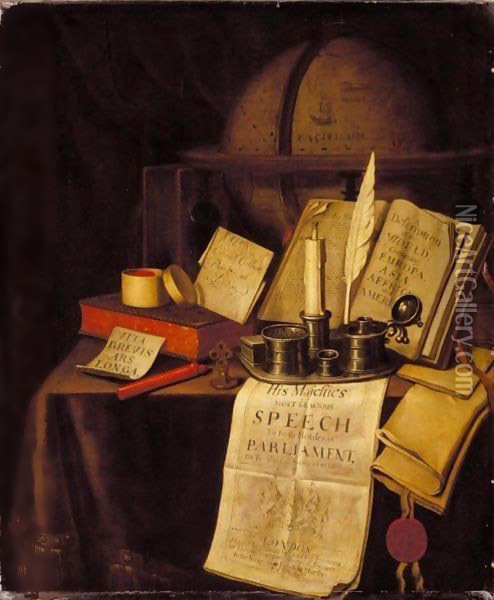 A Vanitas Still Life With An Ink-Well And Quill, A Candle, A Box Of Seals, Sealing Wax, Books And A Globe On A Draped Table Oil Painting - Edwart Collier