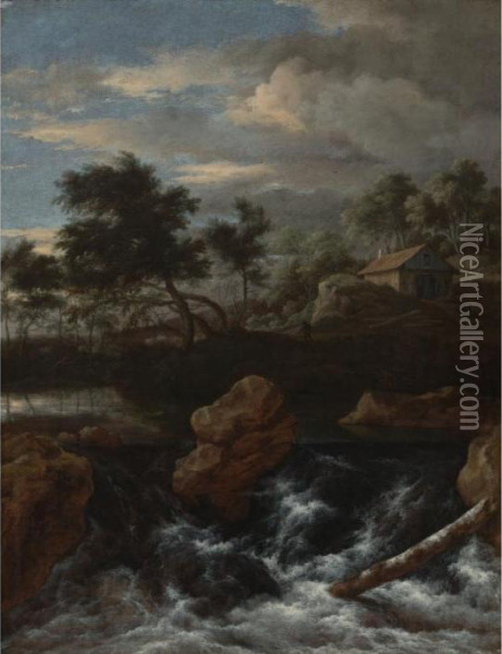 A Rocky River Landscape With A Waterfall Oil Painting - Jacob Van Ruisdael