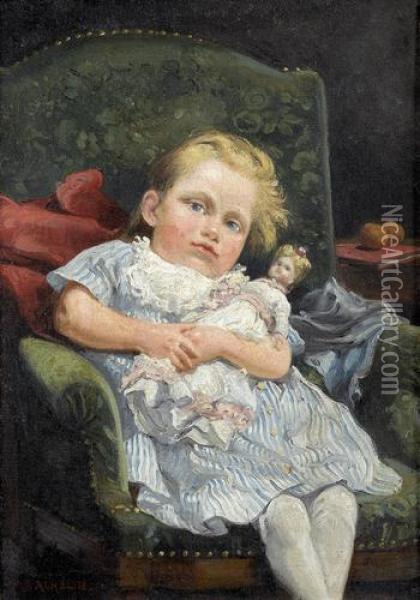 Madchen Mit Puppe Auf Grunem Fauteuil. Oil Painting - Auguste Bachelin