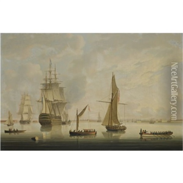 A British Man-of-war Being Towed Into Portsmouth Harbour By A Steam Tug Oil Painting - Thomas Buttersworth