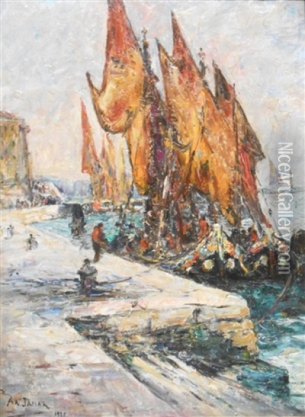 Barques De Peche Au Quai Des Esclavons A Venise Oil Painting - Armand Gustave Gerard Jamar