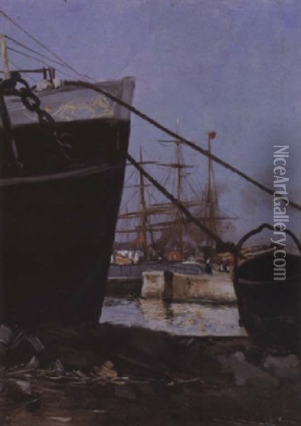Scene De Port Oil Painting - Norbert Goeneutte