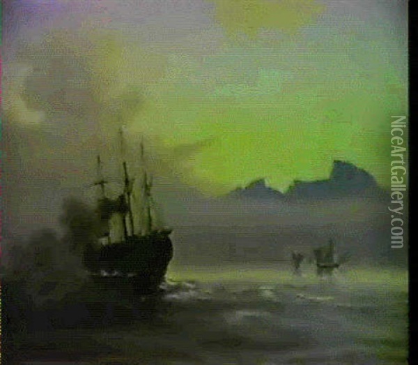 Marine, Morgenstemning Ved Klippekyst Oil Painting - Daniel Hermann Anton Melbye