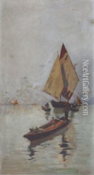 Gondolas And Boat In The Sea Oil Painting - Nicolaos Xydias Typaldos