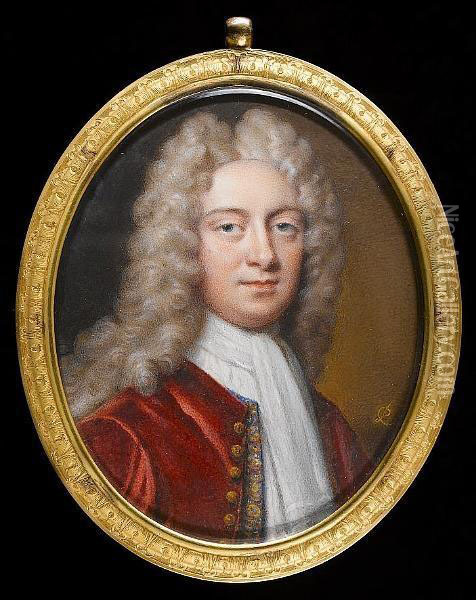 A Gentleman, Wearing Crimson Coat With Gold Buttons Over Blue Waistcoat Heavily Embroidered With Red And Gold Floral Motif, White Jabot And Long Powdered Wig. Oil Painting - Peter Cross