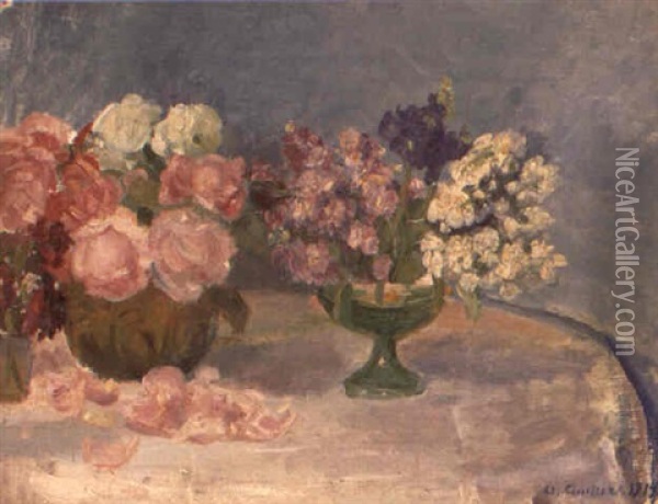 Vase Med Levk+jer Og Krukke Med Roser Pa Et Bord Oil Painting - Anna Kirstine Ancher