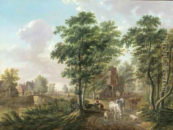 A peasant watering cattle near a farmhouse, in a wooded landscape Oil Painting - Jan Van Limmen