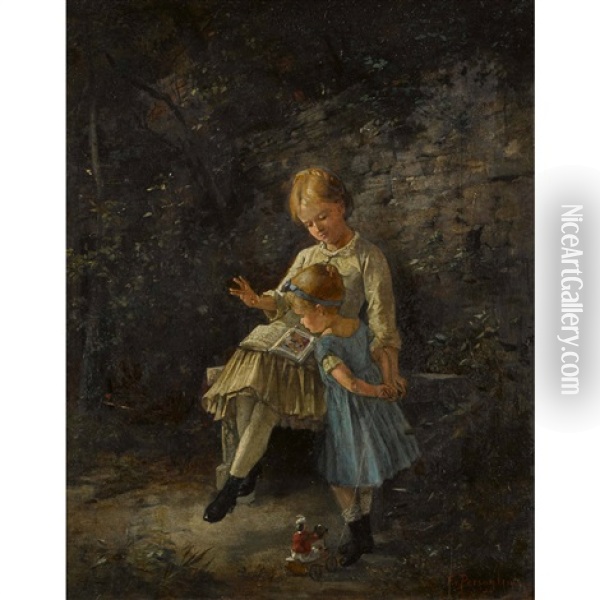 Zwei Madchen Mit Lekture Und Spielzeuggefahrt Oil Painting - Franz Von Persoglia