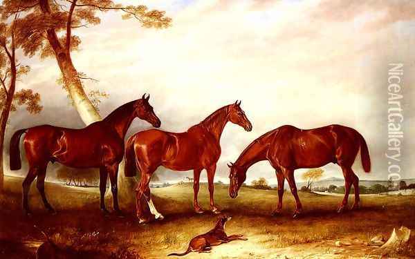 Marvel, KingFisher And The Lad, Three Hunters Belonging To William Angerstein, In A Field With His Dog Spring Oil Painting - John Snr Ferneley