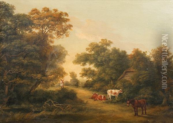 Cattle In A Landscape Oil Painting - T Baker
