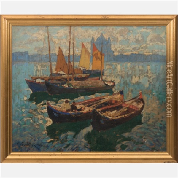Venice Boats, Giudecca Oil Painting - Konstantin Ivanovich Gorbatov