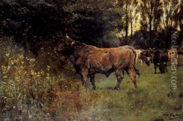 Graessende Kvaeg I Udkanten Af En Skov, Aftenstemning Oil Painting - Otto Bache