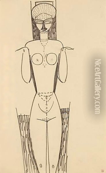 Femme Nue De Face, Mains Au Niveau Des Epaules Oil Painting - Amedeo Modigliani