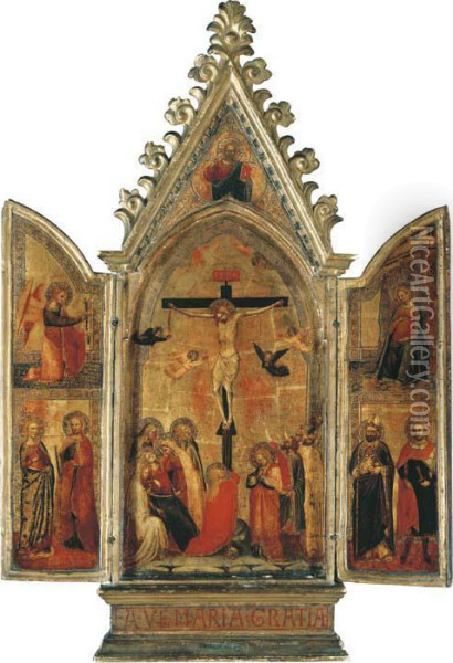 A Tabernacle: The Central Panel: The Crucifixion; The Wingsextended: The Annunciation With The Archangel Gabriel And Saintsmargaret Of Antioch And Catherine Of Alexandria, On The Left; Andthe Virgin With Saints Nicholas Of Myra And Julian The Hospitator,o Oil Painting - Giovanni Bonsi