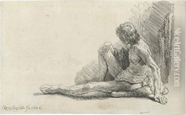 Nude Man Seated On The Ground With One Leg Extended. Oil Painting - Rembrandt Van Rijn