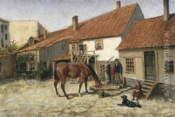 Gardsbild Med H,st Oil Painting - Johan Georg Arsenius