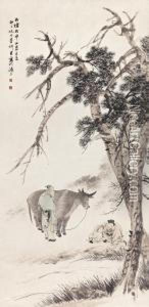 Two Scholars With Ox Oil Painting - Ni Tian