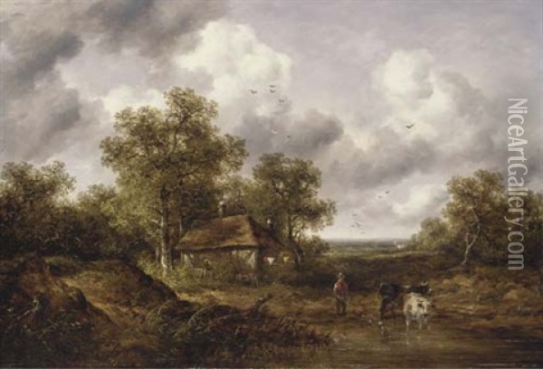 Cattle And A Herder In A Landscape, With A Cottage Beyond Oil Painting - Richard H. Hilder