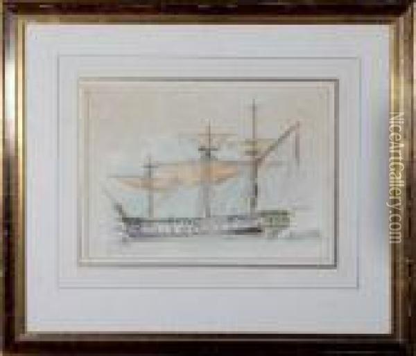A Study Of A Royal Naval Two-decker Warship Oil Painting - John Wilson Carmichael