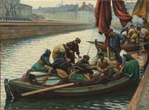A Scene From Gl. Strand In Copenhagen, Where Fishermen And Wives Are Cleaning Fish On Board The Boats Oil Painting - Emil Axel Krause