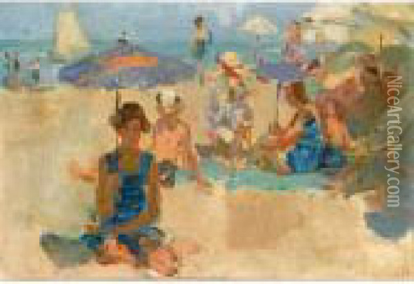 A Sunny Day On The Beach, Viareggio Oil Painting - Isaac Israels