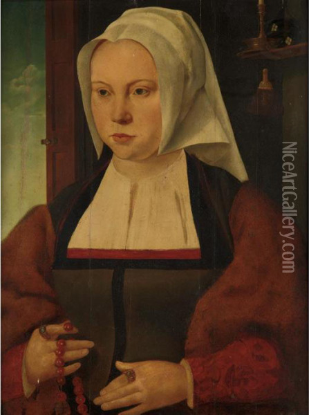 Portrait Of A Lady Holding A Coral Necklace Oil Painting - Joos Van Cleve