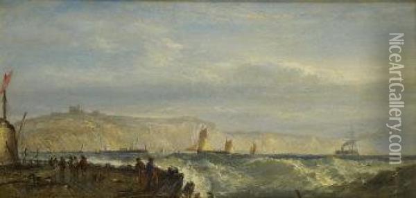 Coastal Scene With Figures And Shipping And White Cliffs Beyond Oil Painting - Edwin Hayes